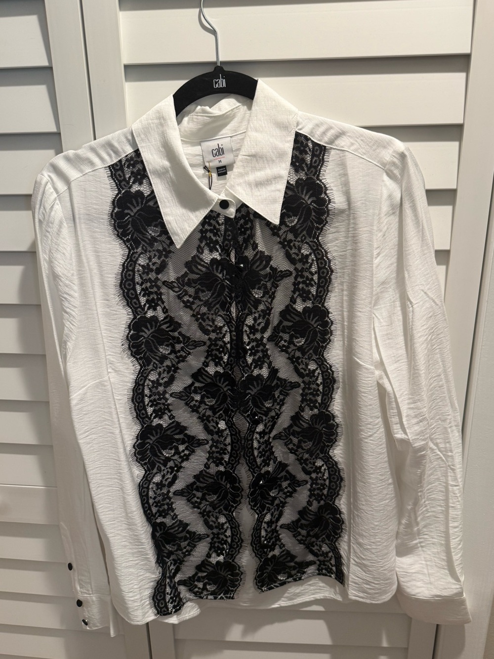 CAbi Black Lace Detail White Dolce Blouse